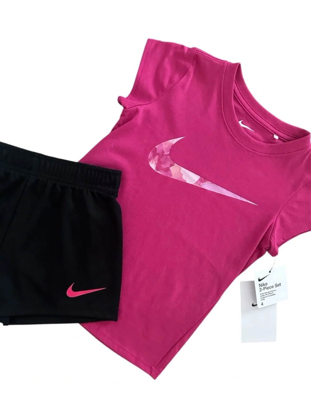 Girls Size 4 Nike 2-Piece Outfit Set Pink Swoosh Tee & Black Shorts NWT